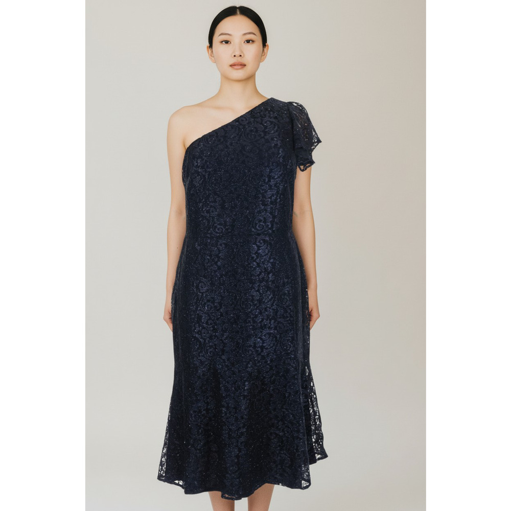 RALPH LAUREN DRESS 14 NEW Midi‎ Navy Blue Sparkle One Shoulder Flutter Cocktail